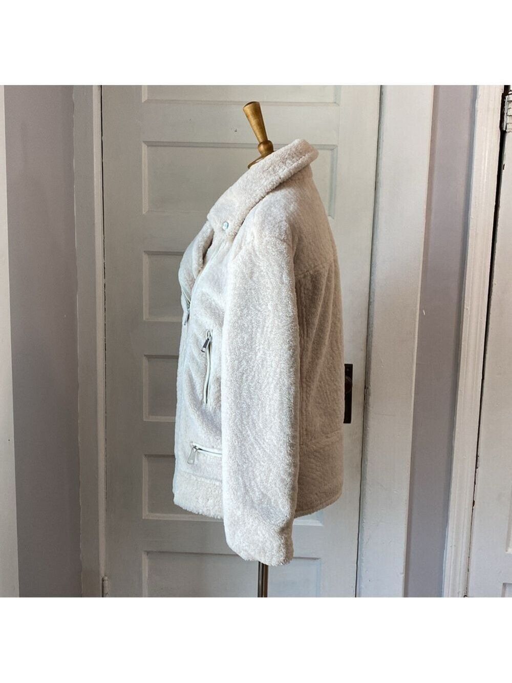 Mango Ivory Faux Shearling Biker Jacket, Size S - Picture 12 of 17